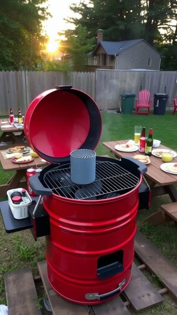 A vibrant 55-gallon drum BBQ grill in a backyard, ready for grilling.